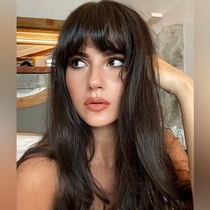 25 Inch Chocolate Brown Wavy Long Wig With Bangs